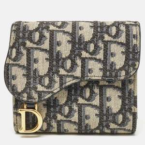 Pre Owned Dior Navy Blue Oblique Canvas and Leather Saddle Wallet