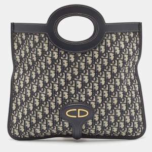 Dior Navy Blue Oblique Canvas and Leather Fold Over Clutch