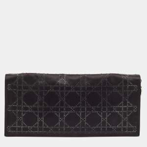 Pre Owned Dior Black Cannage Satin Crystal Embellished Flap Clutch