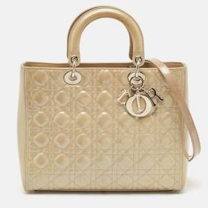 Pre Owned Dior Grey Cannage Patent Leather Large Lady Dior Tote