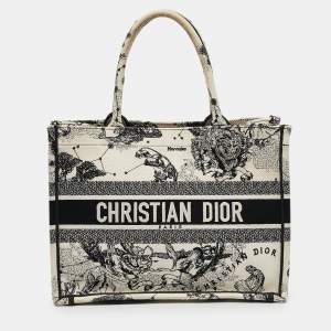 Pre Owned Dior Cream/Black Zodiac Embroidered Canvas Medium Book Tote 
