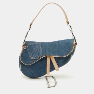 Pre Owned Dior Blue/Beige Denim and Leather Saddle Bag
