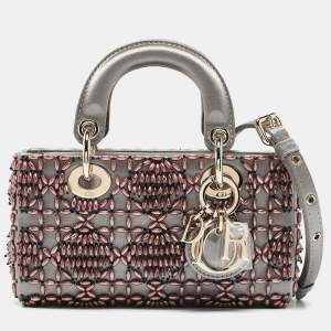 Pre Owned Dior Grey Cannage Satin Micro Beads Embroidered Lady D-Joy Tote