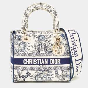 Pre Owned Dior Navy Blue/White Embroidered Canvas Medium Toile de Jouy Lady D-Lite Tote