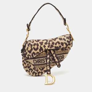 Pre Owned Dior Black/Cream Leopard Print Canvas Embroidered Saddle Bag