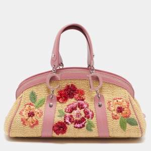 Pre Owned Dior Pink/Cream Leather and Raffia Limited Edition 0405 Floral Detective Satchel