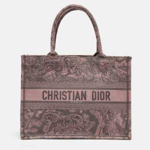 Dior Pink/Grey Toile De Jouy Embroidered Canvas Medium Book Tote