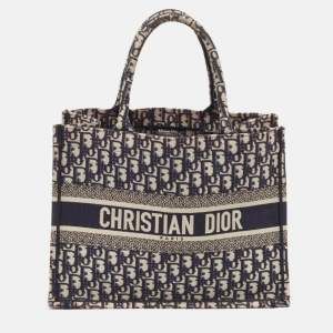 Pre Owned Dior Navy Blue Oblique Embroidered Canvas Medium Book Tote