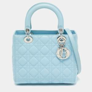 Pre Owned Dior Light Blue Cannage Leather Medium Lady Dior Tote