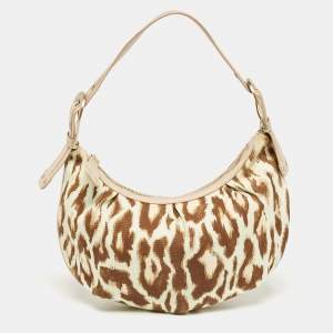 Dior Beige/Light Brown Leopard Print Canvas and Leather Buckle Handle Hobo