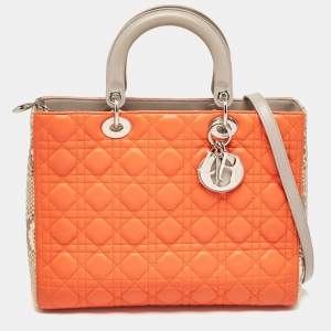 Pre Owned Dior Orange/Beige Quilted Leather and Python Large Lady Dior Tote
