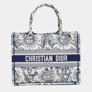 Pre Owned Dior White/Blue Embroidered Toile De Jouy Soleil Canvas Medium Book Tote 