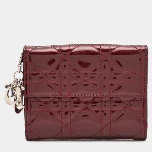Pre Owned Dior Burgundy Cannage Patent Leather Lady Dior French Wallet