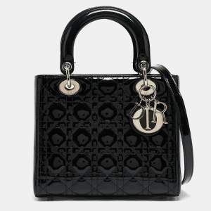 Pre Owned Dior Black Cannage Patent Leather Medium Lady Dior Tote