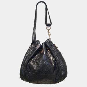 Christian Dior Black Leather Cannage Drawstring Shoulder Bag