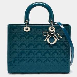 Pre Owned Dior Blue Cannage Patent Leather Large Lady Dior Tote