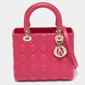 Pre Owned Dior Dark Pink Cannage Leather Medium Lady Dior Tote