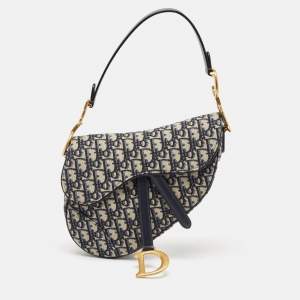 Dior Navy Blue Oblique Canvas and Leather Saddle Bag