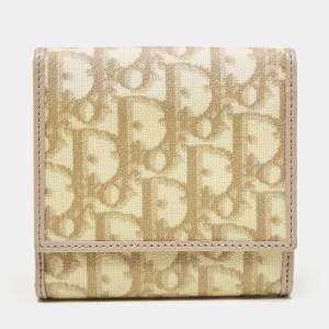 Pre Owned Dior Beige Oblique Coated Canvas and Leather French Flap Wallet