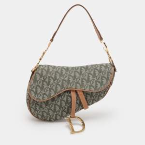 Pre Owned Dior Green/Tan Oblique Canvas Saddle Bag