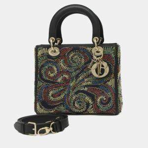 Dior Black Lambskin Leather Lady Dior Medium Embroidered Handbag