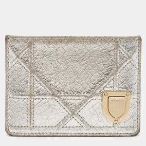 Dior Silver Crackled Patent Leather Diorama Card Holder 