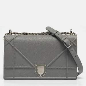 Pre Owned Dior Grey Leather Medium Diorama Flap Shoulder Bag