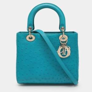 Pre Owned Dior Turquoise Ostrich Leather Medium Lady Dior Tote