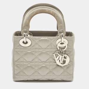 Pre Owned Dior Grey Quilted Fabric Mini Lady Dior Tote