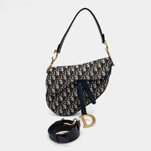مملوكة مسبقًا Dior Navy Blue Canvas Oblique Saddle Bag