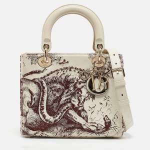 Dior Off White Leather Medium Embroidered Beads Lady Dior Tote