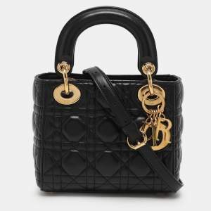 Pre Owned Dior Black Cannage Leather Mini Lady Dior Tote