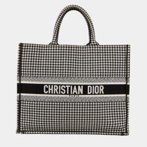 Dior Black/White Houndstooth Embroidery Large Book Tote 