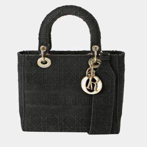 Dior Medium Black Cannage Embroidery Lady D-LITE Tote 