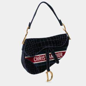  Dior Navy Blue Velvet Crocodile Effect Embroidered Saddle Bag