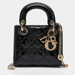 Pre Owned Dior Black Cannage Patent Leather Mini Lady Dior Tote