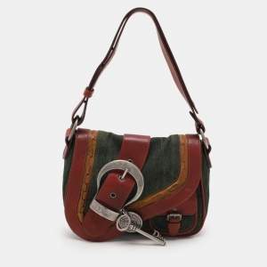 Pre Owned Dior Green/Brown Canvas and Leather Gaucho Double Saddle Bag