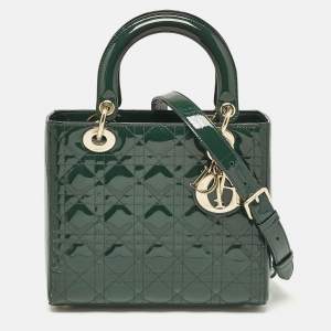 Pre Owned Dior Green Cannage Patent Leather Medium Lady Dior Tote