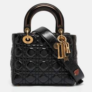Pre Owned Dior Black Cannage Patent Leather Small Lady Dior Tote