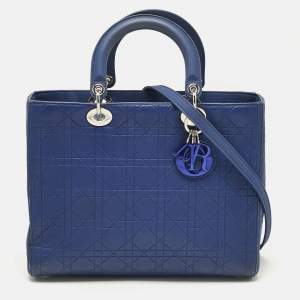 Pre Owned Dior Blue Cannage Embossed Leather Large Lady Dior Tote