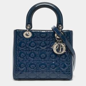 Pre Owned Dior Blue Cannage Patent Leather Medium Lady Dior Tote