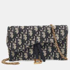 Pre Owned Dior Navy Blue Oblique Canvas and Leather Saddle Wallet on Chain