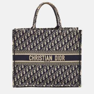 Dior Navy Blue Oblique Embroidered Canvas Large Book Tote