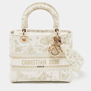 Dior White Embroidered Canvas Zodiac Medium Lady D-Lite Bag