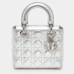 Dior Silver Cannage Leather Small Lucky Badges Lady Dior Tote
