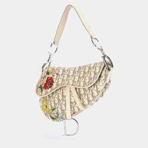 Christian Dior Neutrals Canvas Floral-Embroidered Diorissimo Saddle Bag