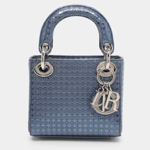 Dior Metallic Blue Micro Cannage Leather Micro Lady Dior Tote