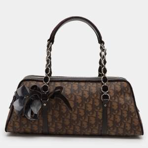 Pre Owned Dior Brown Oblique Coated Canvas, Velvet and Leather Trotter Romantique Satchel