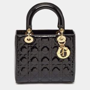 Dior Black Cannage Patent Leather Medium Lady Dior Tote