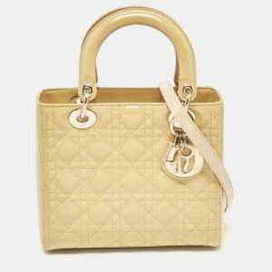 Dior Cream Cannage Patent Leather Medium Lady Dior Tote